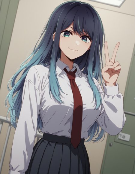 score_9, score_8_up, score_7_up, source_anime, <lora:akane-kurokawa-s2-ponyxl-lora-nochekaiser:1>, akane kurokawa, long hair, bangs, blue eyes, large breasts, black hair, blue hair, multicolored hair, gradient hair,, skirt, shirt, long sleeves, school uniform, white shirt, pleated skirt, necktie, collared shirt, black skirt, red necktie,, hospital room, bedside, get well flowers, comforting, quiet, smile, , v, v over mouth, smug,, solo,, cowboy shot, dutch angle,
