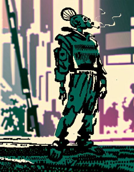 score_9, score_8_up, score_7_up, Mignstl, (Alsel:1.2), full body shot, standing, smoking cigarette, city streets, front view, volumetric light, crowded by robots, perfect eyes, perfect hands, detailed fingers