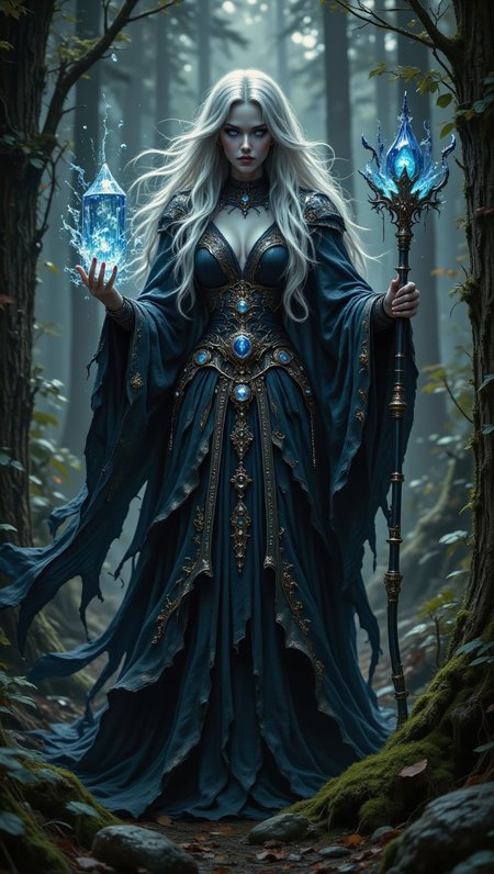 pinkdarkfantasy,
A beautiful sorceress with long, flowing silver hair, wearing an intricate dark blue robe adorned with glowing runes, standing in a mystical forest.