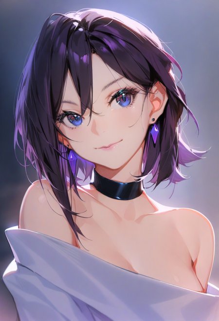 masterpiece, best quality, <lora:solaXLANI31_lokr_V4304:0.95> 1girl, solo, looking at viewer, choker, blue eyes, jewelry, earrings, smile, purple hair, bare shoulders, portrait, short hair, closed mouth, collarbone, hair between eyes, purple eyes, black choker, lips, upper body, eyelashes, black hair