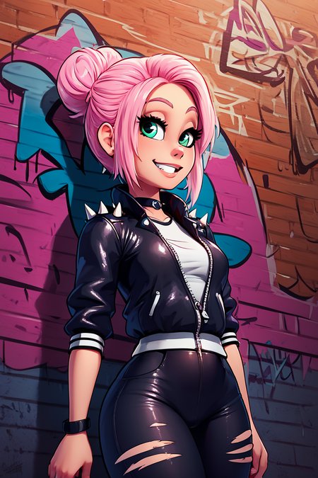 score_9, score_8_up, score_8, medium breasts, (curvy), cute, eyelashes,       BREAK, , zzBrooklynn, pink hair, single hair bun,  <lora:Brooklynn_Jurassic_Park_PDXL_v2:0.7>, , BREAK, smile, looking at viewer,  leather jacket, leather pants, black jacket, tight pants, black choker, zipper, biker clothes, spikes,  multiple belts, shiny clothes, high collar, (graffiti:1.2), brick wall, cowboy shot, embedding:zPDXL, Expressiveh, <lora:theOtherHalfPDXL:0.8>,  <lora:CatalystStylePDXL:0.6>,  <lora:SDXLFaeTastic2400:0.5>,  <lora:Expressive_H-000001:0.4>,