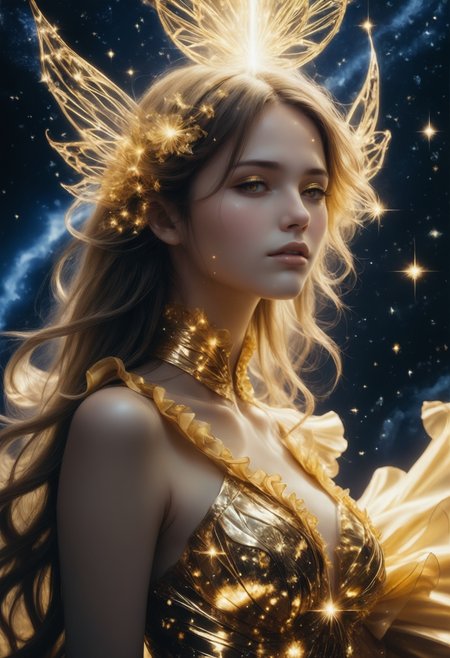 from above, side view, close up, anime style, 2d,1woman in a golden ruffled dress, stardusted melt, starHC, Haute Couture fashion style, stardust hair accessoire <lora:starHC-000003:0.9>