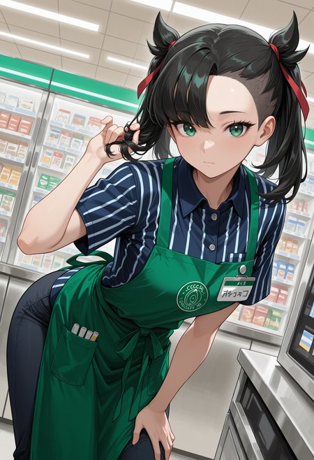 masterpiece, best quality, highres, absurdres, very awa, 1girl, solo, m4rn1edef, medium hair, black hair, asymmetrical bangs, twintails, undercut, cashier, employee uniform, short sleeves, green apron, indoors, convenience store, shop, from side, leaning forward, hand on own thigh, dutch angle, green eyes, eyelashes, hair ribbon, red ribbon, pants, breast pocket, name tag, looking at viewer, playing with own hair, hand up, twirling hair, closed mouth