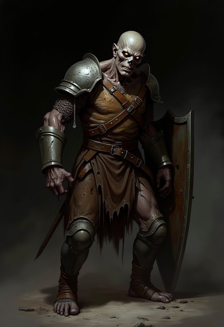 The image depicts a haunting undead warrior with a decayed and zombie appearance. The creature's skin is dark and shriveled, tightly clinging to its bones, giving it a ghastly, emaciated look. Its eyes glow with an eerie orange light, adding to its menacing and supernatural presence. The expression on its face is hollow and devoid of life, with a sunken mouth and skull-like features.
The undead soldier is dressed in worn, rusted armor, with chainmail covering its arms and a leather vest strapped over its chest. The armor looks old and battered, clearly aged and damaged from years of wear and exposure. A dented metal helmet sits atop its head, adding to its militaristic yet ruined appearance. In one hand, it grips a shield, and in the other, a weapon, although partially obscured, likely a sword.
One foot is booted while the other is bare, emphasizing the disarray and ruin of its appearance. This undead warrior exudes an aura of death and despair, a relentless soldier doomed to roam in a state of eternal unrest. Set against a dark, empty background, the creature emanates an eerie, cursed presence, evoking both pity and dread.