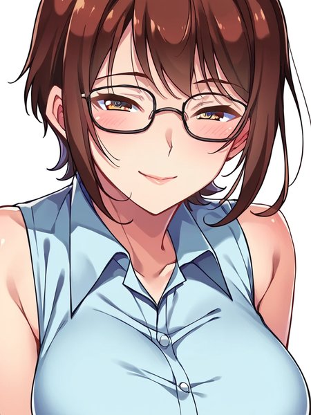 score_9, score_8_up, score_7_up,  
1girl, narusawa ayumi, mature female, short hair, brown hair, brown eyes, large breasts, glasses,

white background, face, smile, narrowed eyes, blush, blue shirt, collared shirt, sleeveless, bare shoulders, looking at viewer, 