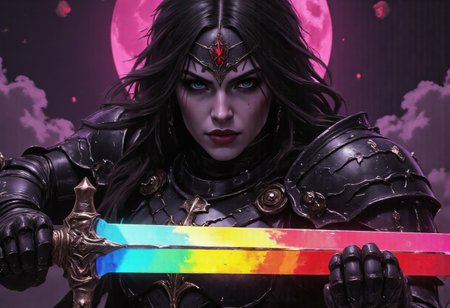 artstyle, Detailed hand, Hand, Perfect hand, ck-rw, in the style of ck-rw, , fantasy armor, holy armor, devil armor, armor.(mother-of-pearl paint), (epic, epic detail, golden ratio, perfect geometry);(Techno Dark Fantasy:1.5),DnD character Woman is a (Black Paladin:1.3),(Full-length portrait),Shooting from top to bottom focus in the eyes.Background,gothic vampire castle by moonlight,with neon iridescent colors, made in the style of graphic design, concepts shrouded in a halo of mystery, rainbow colors, graphic design, neon lighting,(retro wave pattern:1),The glitch effect of VHS