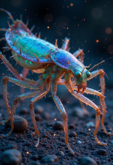 A stunning image of an exotic alien praying mantis, capturing every intricate detail with crystal clarity. The mantis has a large, vibrant turquoise exoskeleton, with bioluminescent red veins running through its limbs, creating a mesmerizing contrast. Its elongated body is sleek and predatory, with glowing purple veins pulsing under its translucent shell. The creature’s forelegs are poised in a powerful stance, ready to strike, with sharp, spiked appendages glinting in the alien sunlight. Faint, glowing specks of dust float around the mantis, adding an ethereal glow to the scene. The overall image feels alive with color, light, and texture, showcasing the extraordinary beauty of this alien predator in a cinematic, photorealistic style.
 Cinematic style,  Realism, Photorealism,  High quality, analog photo, Midjourney_Whisper, Bioluminescent