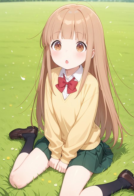 best quality, masterpiece, 1girl, aamiyano, long hair, brown hair, blunt bangs, brown eyes, school uniform, red bowtie, collared shirt, white shirt, yellow sweater, long sleeves, pleated skirt, green skirt, <lora:miyano_(tanakeda)_ilxl_v1:0.9>, wariza, field, grass, :o, black socks, loafers,