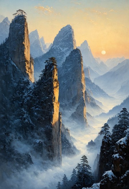 famous artwork, masterful use of light and shadow, masterful composition following the rule of thirds, chiaroscuro, dappled sunlight, in winter, at dawn, under the snow, romanticism oil painting of the floating peaks of zhangjiajie in the style of caspar david friedrich, towering sandstone pillars rising through a sea of mist, their sheer cliffs overgrown with under snow vegetation , the scene is bathed in a golden morning light, soft rays piercing through the ethereal mist, casting long shadows and highlighting the rugged texture of the stone, delicate wisps of cloud wrap around the formations, further emphasizing their towering grandeur, the atmosphere is serene yet awe-inspiring, evoking a sense of the sublime winter, a narrow, winding mountain path leads toward a detailed wooden bridge that connects two towering peaks cover of snow, an ancient and awe-inspiring temple built in traditional chinese style sits atop a pillar in the middle ground. Snow is almost cover everything