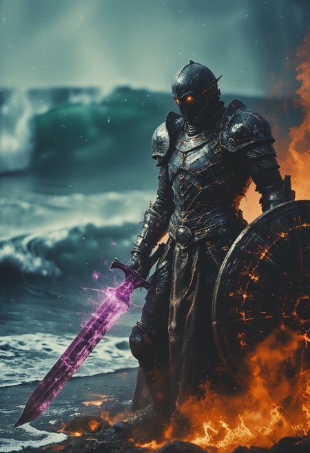 Upper body shot of a dark, menacing mechanical knight engaged in a bosstyle boss battle, captured with the gritty realism of an old analog camera. The knight’s battle-worn, intricately designed helmet reflects the eerie glow of his weapon—a massive, twisted sword. The blade crackles with dark energy, gathering ominously at its tip, where a glowing orb of dark purple and translucent amber light pulses with immense, destructive power. The energy radiates along the blade, casting a sinister glow that illuminates the knight’s helmet and armor, creating stark contrasts between light and deep shadows.
In his other hand, the knight wields a formidable shield, adorned with jagged, twisted patterns and a ghastly visage that seems to stare into the souls of his enemies. The shield exudes a sense of dread, as if cursed by dark magic, amplifying the terror of his presence. The sword’s glow casts intricate shadows across the shield, highlighting its menacing details. The chaotic battlefield around them is set amidst large crystal-blue waves crashing with explosive force, intensifying the dramatic clash between the knight and his adversaries.