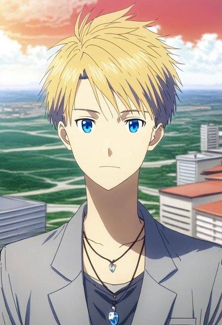 high resolution, professional photography, solo, best quality, 1Boy, Yamato Ishida, Blond Hair, Deep Blue Eyes, Necklace, high-rise, roof top, top of building, strong wind, portrait, standing, building, landscape, depth of field, OverallDetail