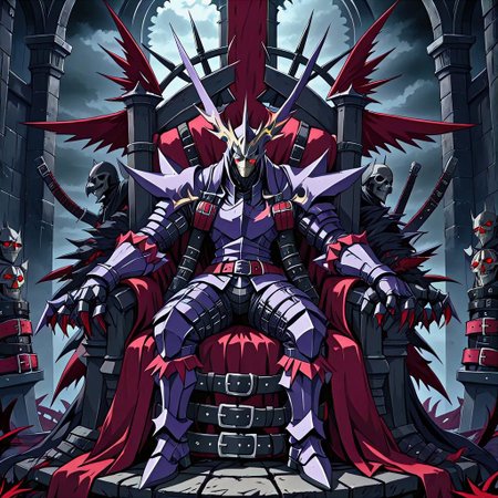 a dexdoru knight covered in belts sits upon a throne made of belts in a gloomy gothic castle,anime style,scene from hellsing,menacing