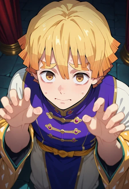 masterpiece, best quality, intricate details, (realistic:0.6), , depth of field, 1boy, solo, male focus, <lora:zenitsu_agatsuma_ilxl:0.96>, zenitsu_agatsuma, blonde hair, yellow eyes, short hair, bangs, from above, palace, dark, claw pose, nervous,