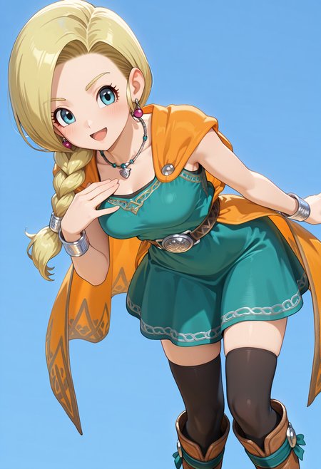 masterpiece, best quality, very aesthetic, absurdres, 1girl, solo,
<lora:dqh2_bianca_v01:0.7>, dqh2_bianca, blonde hair, long hair, single braid, hair over shoulder, blue eyes,
earrings, necklace, jewelry, orange cape, green dress, bracelet, black thighhighs, zettai ryouiki, knee boots, (smile:0.7), open mouth, hand on own chest, leaning forward, simple background,