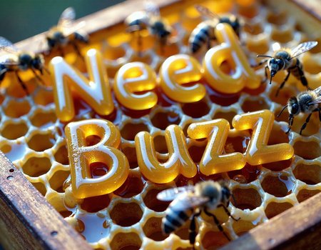 An ultra-detailed close-up of a honeycomb hive brimming with golden, translucent honey, its hexagonal cells crafted in perfect symmetry. Honey oozes from certain cells, pooling and dripping to form the words 'Need Buzz' in thick, glossy letters, each letter shaped organically by the flowing honey. Surrounding the hive, bees are hard at work, some hovering close to the camera with wings in motion, adding a sense of bustling energy to the scene. The warm, golden light catches the glistening honey and highlights the text naturally formed within it, creating a lively, inviting atmosphere full of warmth and sweetness <lora:amateurphoto-6version:0.8>