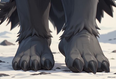 Score_7_up, score_8_up, score_9, pangoro, black and white fur, fur cape, lower body, dark feet, barefoot, 3 toes, toeclaws, standing, foot focus, close-up