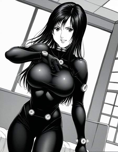 score_9, score_8_up, score_7_up, source_anime, <lora:reika-shimohira-manga-ponyxl-lora-nochekaiser:1>, reika shimohira, long hair, monochrome, greyscale, large breasts,, bodysuit, black bodysuit,, indoors, smile, looking at viewer, solo,, cowboy shot, dutch angle