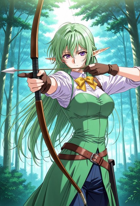 general,highres, ultra-detailed,very aesthetic,best quality ,best hands,masterpiece, best quality, newest, highres, score_9, score_8_up, score_7_up, source_anime, rating_explicit,1girl, yokota mamoru style,motion lines,Very straight nose，slim,slender face,perfect nose
Kamyu,Green hair, Waist Length hair,long hair,Violet Eyes,Pointed Ears,elf
a beautiful woman in drawing a bow and preparing to shoot at target, 1girl, archery, solo partially fingerless gloves, weapon, bow (weapon), gloves, tree, aiming, looking at target,,,Draw the bow
, outdoors, tree, nature, forest,