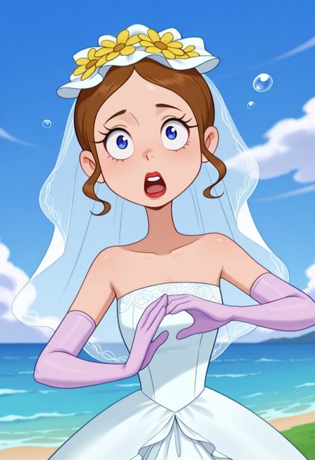 detailed background, solo, 1girl, FtpdMermaid, human, red lipstick, brown hair let down, blue and white wedding dress, white bridal veil, purple gloves, yellow flower on veil, holding Bucay of roses, overjoyed, (((expressive))), head movement, solo, ((body movement, hand movement)), wedding, wedding scenery, outdoors, on hill, ocean in background, beautiful sky, scenery, bubbles, detailed scenery, masterpiece, best quality, amazing quality, absurdres, newest, high res, ultra detailed, best quality, best artwork, detailed eyes, (eyes focus), perfect eyes, big iris, pupils visible, 4k, ultra quality, perfect face