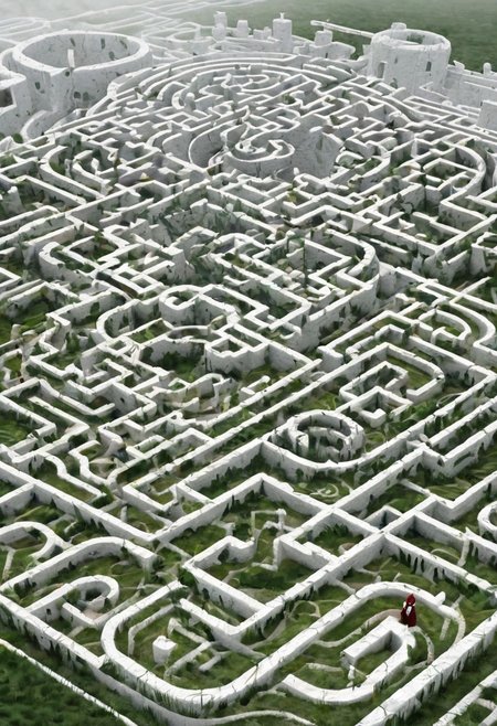 castle , A traveler contemplates a gigantic labyrinth made up of dozens of white, grass, medical towers.