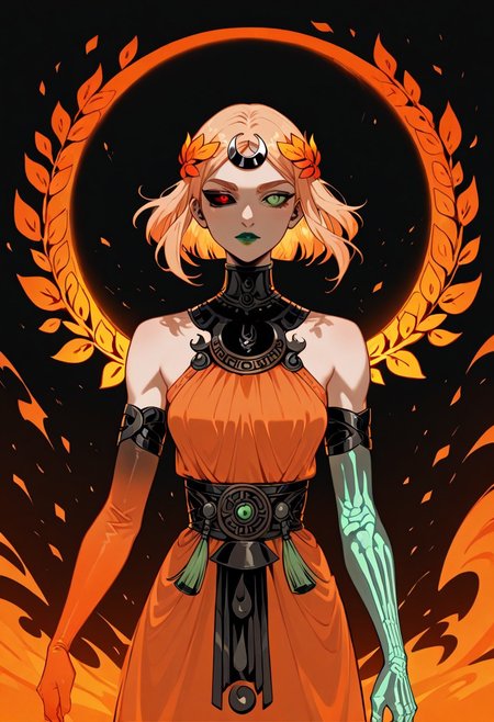 masterpiece, best quality, newest, absurdres, highres,  AGPV1.1, black background, orange theme,
1girl, melinoeehades-IL.V1.0, melinoe, green lips, hair ornament, laurel crown, heterochromia, green eyes, red eyes, mismatched sclera, black sclera,single elbow glove, skeletal arm