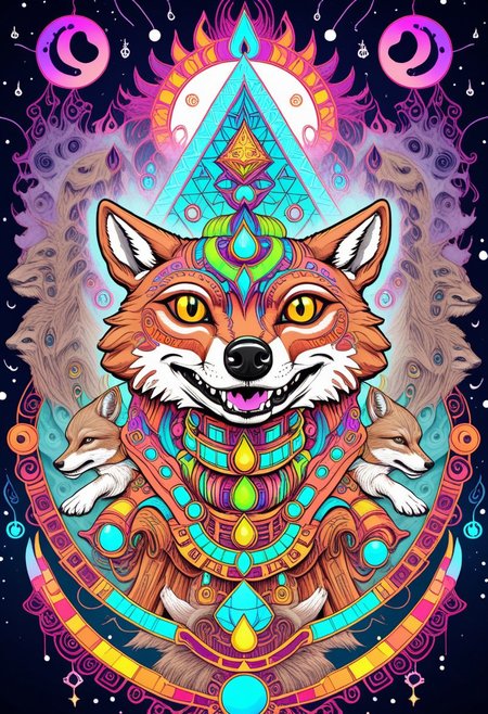 <lora:Daisy-Acid:.4> A peyote coyote dances under the moon in clouds of multicolored smoke (hologram)