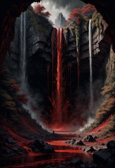 a landscape of a waterfall of ((blood)),
 masterpiece, highly detailed,
EdobHorrorLandscape,
horror, dark,
