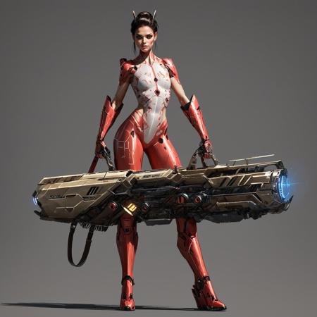 score_9, score_8_up, score_7_up, rating_safe, concept art, semi-realistic, 1girl, solo, Sci-fi.
Young beautiful face, fit body, 
HHWeapon, Holding weapon, Huge weapon,
Holding weapon with two hands.
Lighting Gun.
Simple background.