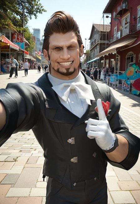 score_9, score_8_up, score_7_up, score_6_up, 4k, perfect quality, male focus, monocle, facial hair,  black jacket, white bowtie, rose boutonniere, white gloves, black pants, white socks, black footwear, outside, day, oasis town, busy street, colorful indian festival, aliens in background, confident grin, full moon, amateur, real life photo, selfie, close up, cool, high contrast, silhouette, v fingers, victory fingers, looking at viewer,