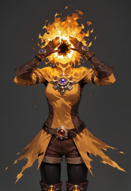 score_9, score_8_up, score_7_up, solo,
lord_of_frenzy, fire head,
insane,
novakin, faceless, no eyes, no mouth, no nose, no facial features, short fiery yellow orange hair, body made of black plasma,
open hands, hands on face front,
hands on own head, 
upside-down, backflip,
magical girl outfit, (steampunk dress:1.1), boots, (brown shorts:1.1), black tights, medium breasts, belt, gloves, 
simple background, grey background,