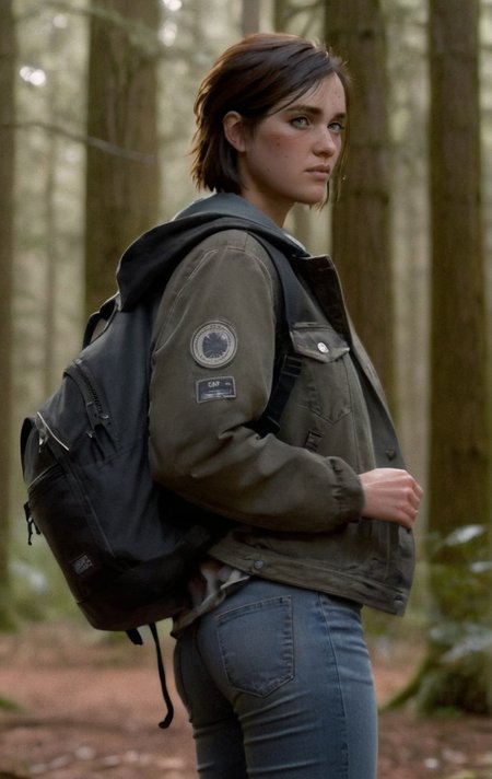 photo of ohxw, ellie, tattoo on left arm,  jacket and jeans standing, backpack,  short hair, face details, forest, low key lighting, eye level, <lora:2ellie-000003:1>