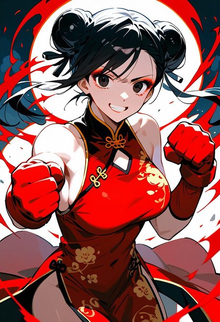 score_9, score_8_up, score_7_up, source_anime, Yuzuha Lee,1girl,solo,breasts,looking at viewer,smile,large breasts,black hair,gloves,dress,bare shoulders,braid,sleeveless,hair bun,black eyes,double bun,makeup,chinese clothes,clenched hand,china dress,aura,punching,
