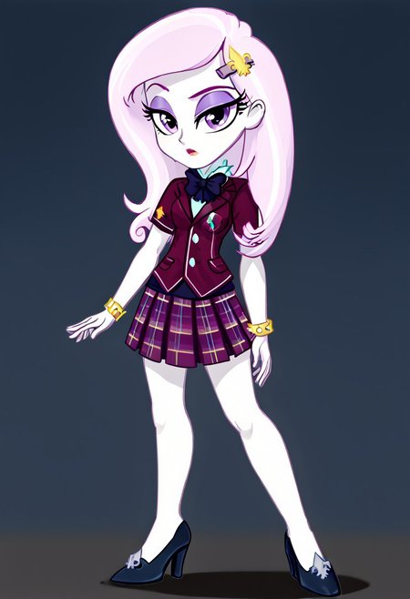 (High Resolution), (More Details), (8K), (High Resolution), NEGATIVE_HANDS, Fleur-de-lis, Equestria girls, 1 girl, alone, bare breasts, blouse, bow tie, bracelet, clothing, Crystal Prep Academy, Crystal Prep Shadowbolts, eyeshadow, female, fleur-de-lis outfits, short sleeves, makeup, plaid skirt, pleated skirt, skirt, high heels , Full body, Standing, Sexy and sensual, beautiful, beauty, attractive, toned all over the body, Posing sexy and sensual,  Seductive and sensual look, Posing