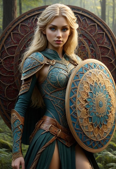 1girl, female elvish warrior, blonde hair,  Low/medium/highly stylized pattern, holding a large shield with 3d mandala pattern