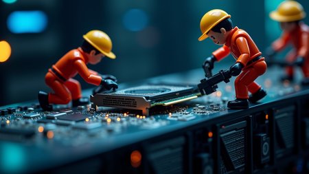 Three toy mechanics are engaged in repairing a GPU from a datacenter. They are on top of a server, The scene captures the tension and excitement of a \"Mission Impossible\" style. Digital painting style, sharp contrast, macro photography inspired