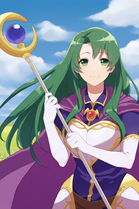 masterpiece, best quality, 1girl, solo,  <lora:fececilia-illu-nvwls-v1-000005:1> dfCla, green hair, green eyes, purple cape, brooch, armored dress, purple dress, elbow gloves, white gloves, belt, upper body, blue sky, field, clouds, smile, happy, looking at viewer, holding staff