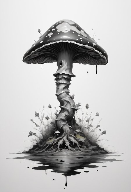 core_9, score_8_up, score_7_up, score_6_up, 
 intricate mushroom colony growing on an old decaying log, tiny miniature medieval style village beneath the mushrooms , monochrome, greyscale, minimalistic, white background, no humans, nature, traditional media, ink, solo, botanical.
ink-painting, ink wash,, ink wash painting,, white background,