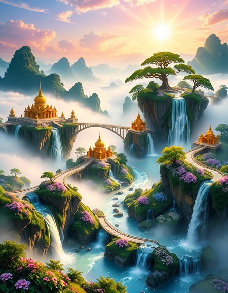 A mesmerizing celestial background featuring an otherworldly paradise. Towering crystalline mountains with peaks that glow softly under a sky painted in shifting hues of iridescent blues, pinks, and golds. Rivers of liquid light flow through vast, open meadows filled with luminescent flowers that pulse with a gentle glow. Gigantic, translucent trees with silver leaves sway in a breeze that carries floating particles of golden dust. Suspended bridges made of shimmering energy connect ancient, floating monoliths engraved with intricate celestial patterns. In the distance, an enormous radiant waterfall cascades into a bottomless, mist-covered abyss, reflecting the surrounding ethereal glow. A tranquil atmosphere, untouched and divine, filled with an overwhelming sense of wonder and serenity.
<lora:SDXLFaeTastic2400:0.4> <lora:extremely_detailed:0.4> extremely detailed, <lora:heavenly_l4ndsc4p3:1>,heavenly l4ndsc4p3, Masterpiece,best quality,hi res,8k,hi res,8k,award winning,(sharp focus, intricate, highly detailed),