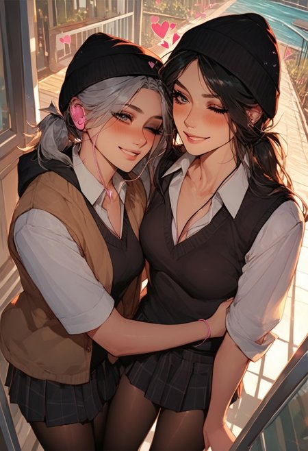 (score_9, score_8_up, score_7_up, score_6_up), dynamic angle, beautiful, source_anime, (anime style:1.1), 2girls, in school, school uniform, cute girls, depth of field, sunlight, different hair styles 
BREAK
(First Girl, (normal girl:1.2, (Long Carly hair, silver hair:1.2), ponytail, breasts, rounded breast, miniskirt and shirt (collared shirt) and vest, smirk, blushing, pantyhose, sneakers, earphones)
BREAK 
(Another second girl, emo girl, hugging her from behind, one eye closed, love, hearts, (short black hair:1.1), beanie and hood jacket)
