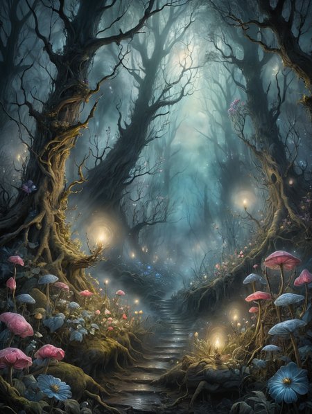 watercolor illustration,
magical woods,  
, 32k uhd, focus eyes, fearsome appearance, masterpiece, high resolution, HD, 8k, best quality, intricate details,
<lora:add-detail-xl:1.8>