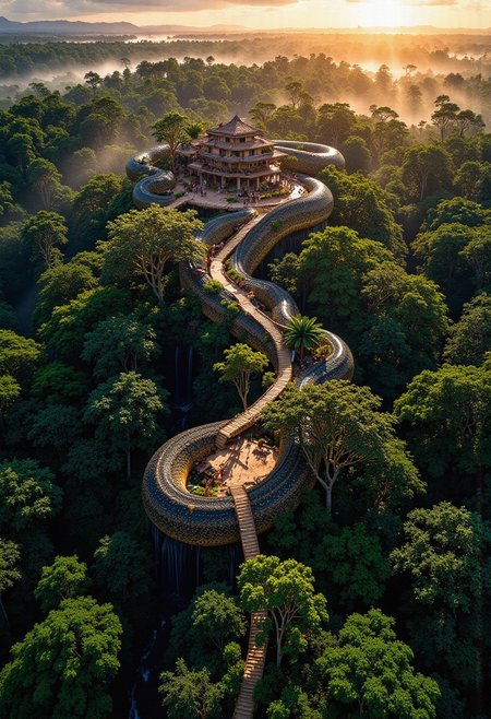 Hyper-realistic scene of a giant ancient amazona python with a village built on its back. The python's back is covered in thick forest, dense Amazone with towering trees, water cascading down its sides, and a hidden, dusty and misty village nestled in the foliage. The amazona village consists of intricately designed village houses that blend seamlessly with the natural environment, featuring rope bridges connecting different sections of the village. The python moves slowly through an endless amazona forest, with sand gently crashing against its sides. Above, the sky is a mix of warm sunset hues and stars beginning to peek through the twilight. The atmosphere is magical and serene, evoking a sense of wonder and timelessness. The image captures the harmony between nature and civilization, with soft, ambient lighting enhancing the mystical ambiance. The perspective is wide, emphasizing the grandeur of the python and the tiny yet intricate details of the village. <lora:FluxMythP0rtr4itStyle:1.1>