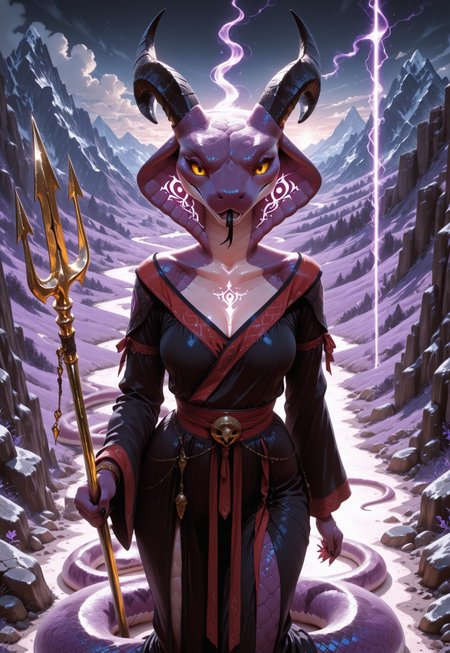 1girl, solo, DDCH Naga, ((snake head)), ((violet scale)), ((horns)), ((ritual tattoos, glowing tattoos)), ritual clothes, ((electric trident weapon)), snake tongue, gold eyes, ((snake tail Instead of legs)), BREAK, ((from above, dynamic close up view,)), (((dynamic action poses))), ((dynamic angle)),   BREAK, ((dark night)), rocks, top of the mountain background, fantasy background, 
HDR, 8k, high contrast, masterpiece, best quality, amazing quality, very aesthetic, high resolution, ultra-detailed, absurdres, perfect lighting, volumetric lighting, dramatic shadows, (dark light), cinematic lighting, (sharp image), safe, scenery, (perfect anatomy, perfect hand anatomy, perfect face anatomy, perfect eyes anatomy, perfect mouth anatomy), perfect lighting, (sharp image), perfect anatomy, Focus face, (sharp focus),  ILXLpos,  