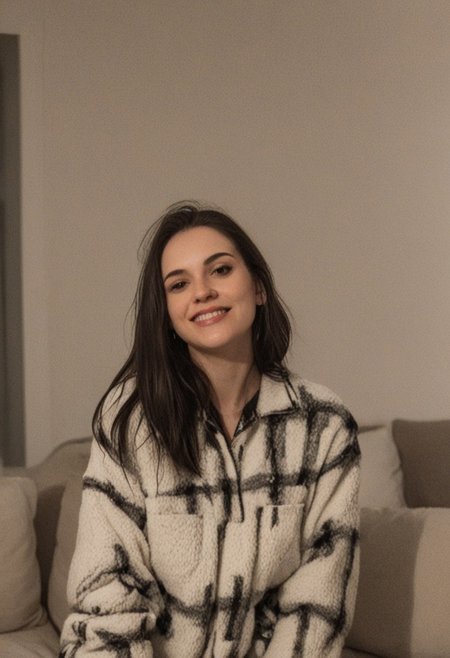 30yo woman wearing Plaid Polar Fleece Shacket with white textures 
long black dark hair slick back and smooth. Kissface. 
smile. Looking at camera. POV.
happy. 
Living room. Fully furnished.
Night time.
Portrait.