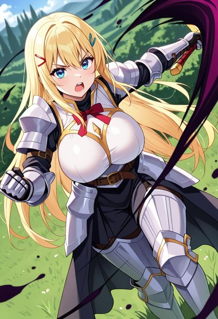 general,highres, ultra-detailed,very aesthetic,best quality ,best hands,best eyes,easynegative,
dynamic anglre, dutch angle, anime cloring,
1girl solo,looking at viewer,meadow,holding great sword,fighting,open mouth,
Darkness, blonde_hair, blue_eyes, hair clips,huge_breasts,long hair,knight costume,