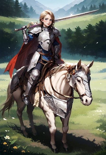 score_9,score_8_up,score_7_up,best quality,masterpiece,super detailed,extreme detailed,full_body,zPDXL BREAK (nature:1.1),(field:1.1),
<lora:Pony_DetailV2.0:1> BREAK 1girl,Cavalier,armor,cape,gloves,horse,horseback riding,holding sword,<lora:Cavalier-v2-pony:0.9>,