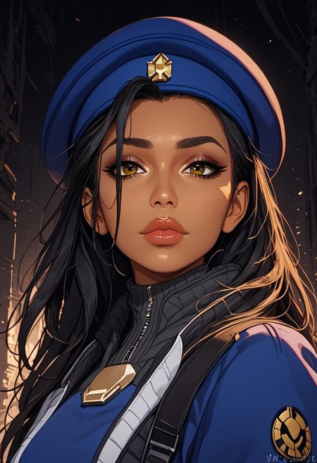 ((zPDXL3)), score_9, score_8_up, score_8, (SuperQuality:1.0) ~ (SuperQuality:1.2), Science Fiction, Star Wars, perfecteyes, ultra detailed, high resolution, high quality, masterpiece, intricate details, intricate body, intricate landscape, knva, Expressiveh, European Instagram Model, upper body shot, low light, dungeon, ruins, green glow, black background, 
BREAK
1girl, solo, source_cartoon, mature female, 1girl, ana, solo, black hair, brown eyes, black hair, long hair, dark-skinned female, beret, beautiful, full lips, looking at viewer, closed mouth,
