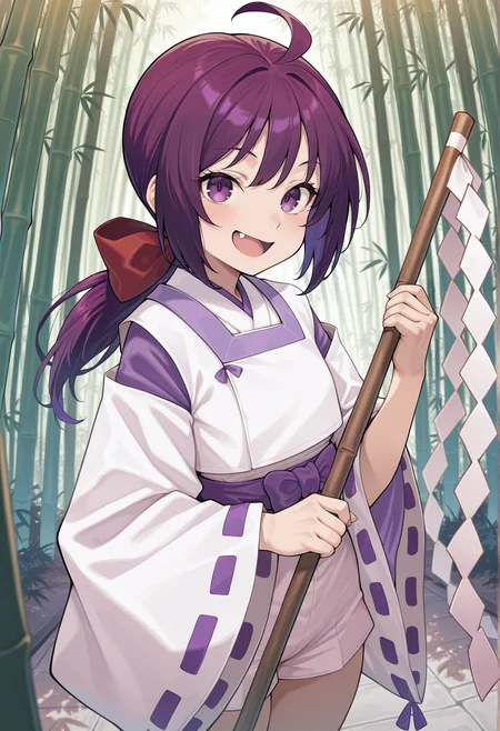 1girl, solo, long hair, purple hair, ahoge, low ponytail, ribbon, purple eyes, japanese clothes, wide sleeves, onmyouji, shorts, ribbon-trimmed sleeves, holding gohei, smile, open mouth, fang, outdoors, bamboo forest,  <lora:akari_ichijou_illus:1>, masterpiece, best quality, amazing quality, very aesthetic, absurdres, highres, newest