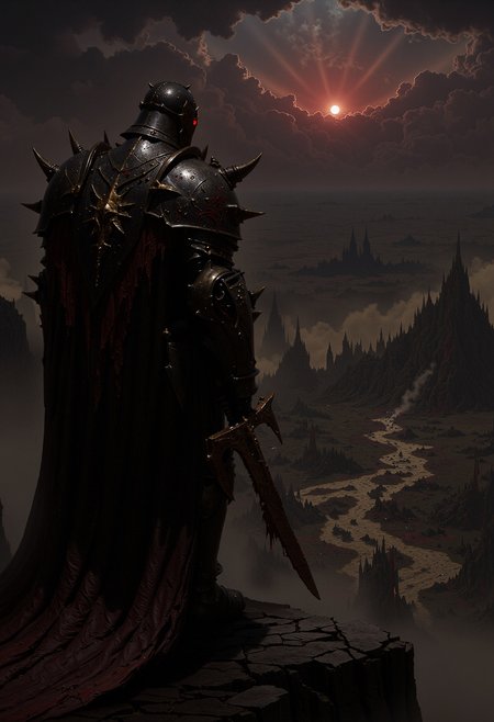 A lone knight, clad in black spiked armor, stands on a cliff overlooking a ruined battlefield. The knight's armor is dented and stained with dried blood, with glowing red eyes visible through the slit of his helmet. In his hand, he holds a rusted sword, its blade chipped and scarred. The battlefield below is littered with the broken remnants of ancient warriors and siege engines, with dark clouds swirling above. The lighting is dim, with an eerie red glow coming from the horizon as if the sun is bleeding into the sky. The style is dark fantasy, with a haunting, war-torn atmosphere.    <lora:dark_fantasy_flux:0.83> <lora:FredFraiStyle-FLUX-Share:0.63> <lora:sxz-Dark-Fantasy-v2-Flux:0.33> drkfnts style, <lora:flux.1_lora_flyway_Epic-Characters_v1:0.43>