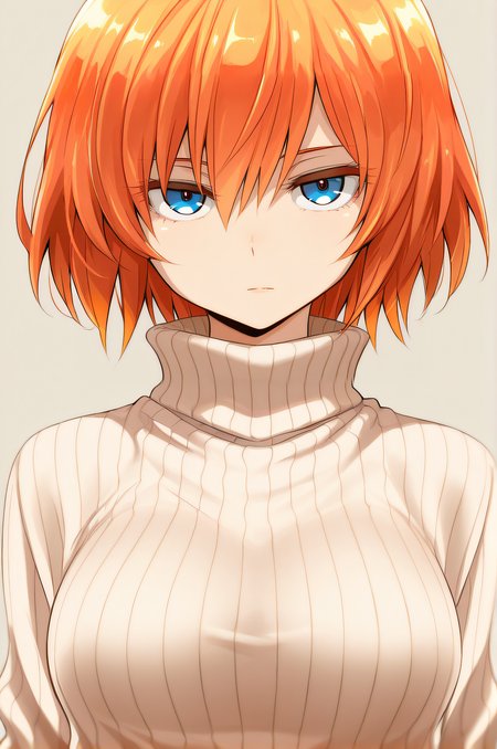 masterpiece, best quality, 1girl, solo, original artstyle, official artstyle, <lora:IL_Wataraistyle:1>, watarai, blue eyes, orange hair, short hair, ribbed sweater, upper body, turtleneck, looking at viewer, expressionless, simple background