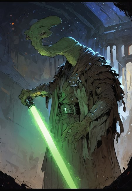 score_9, score_8_up, score_7_up, BREAK,
ithorian hammerhead alien on a space station, window showing stars and wormhole, dramatic lights, (((holding green lightsaber)))
